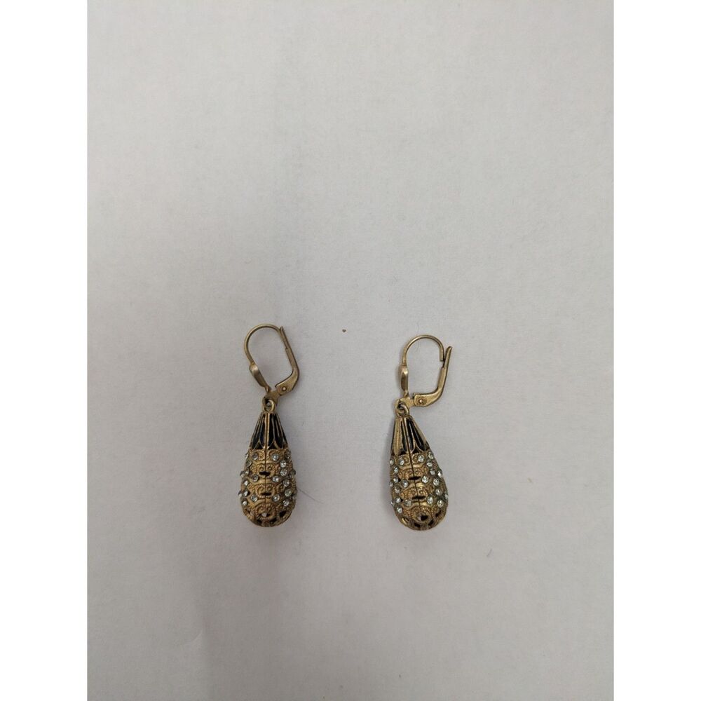 Vintage Filigree Teardrop Earrings Gold Tone Crystal Ornate Puffed Leverback